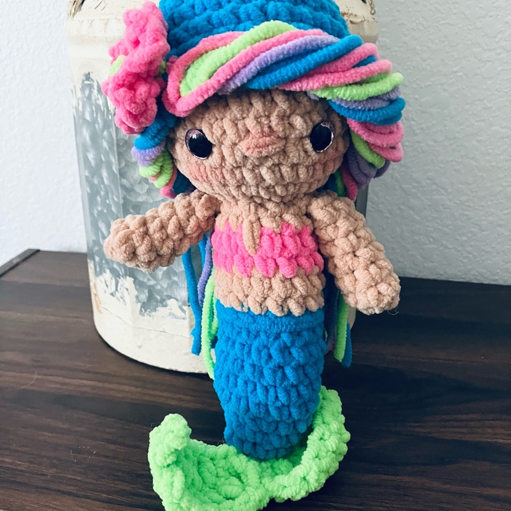 Crocheted Rainbow Mermaid Doll Plushie, Amigurumi Toy, Gift, Desk Buddy